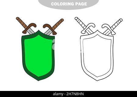 Simple coloring page. Line art black and white historycal wall decor. Medieval sword and shield festival props. Color and black and white version Stock Vector