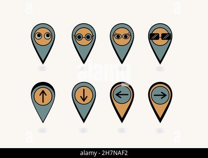 Set of vector pins with location icons. Colored pointers for route markers. For applications, video, printing. Directions, arrows up, down, left Stock Vector
