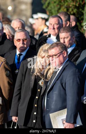 Mourners outside St. Mary's Church in Southend, following the funeral service for MP David Amess, including MP Mark Francois and Olivia Sanders Stock Photo