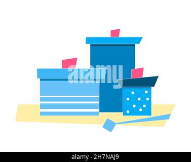 Blue flat jars with a pattern. Stylized kitchen items. Square cooking utensils. Stock Vector