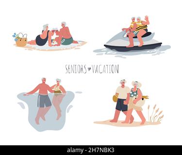 A couple of seniors on vacation,swimming,picnic on the beach,riding water scooter,walking on the beach,holding hands,love in age.Active seniors.Vector Stock Vector