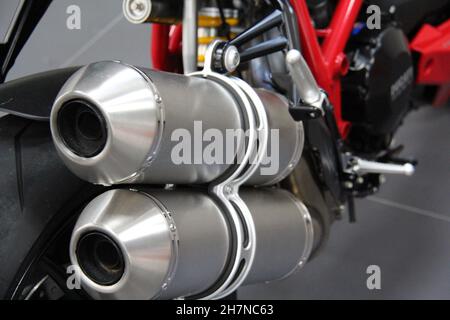 Ducati Streetfighter 848 motorcycle: Close up of exhausts, in a dealership in São Paulo - São Paulo - Brazil. Stock Photo