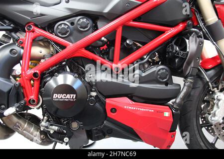 Ducati Streetfighter 848 motorcycle: Close up of the engine, red color in a dealership in São Paulo - São Paulo - Brazil. Stock Photo