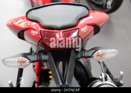 Ducati Streetfighter 848 motorcycle: Close-up of the rear of the motorcycle at a dealership in São Paulo - São Paulo - Brazil. Stock Photo