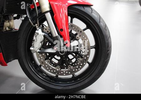 Ducati XDiavel motorcycle: Close-up of the wheel in a dealership in São Paulo - São Paulo - Brazil. Stock Photo