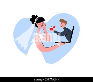 A man proposes to a woman online. The woman is happy. Brilliant ring. Feeling like a bride. Stock Vector