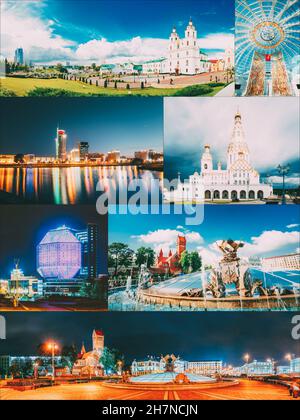 Minsk, Belarus. Set Collage With Many Local Famous Landmarks In Belarusian Capital. Old Town, Center etc. Famous Architecture Landmark. Travel Sight Stock Photo