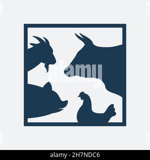 Vector group of farm animal in the frame - cow, pig, chicken, goat , Isolated on a white background. Easy editable layered vector illustration. Stock Vector