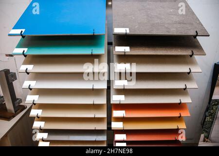 Samples of Colored Tiles Flat Polished Porcelain Stoneware for Home Interior Design Material. Stock Photo