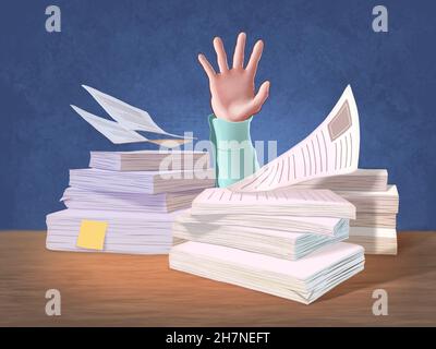 Raised hand asking for help between piles of documents. Digital illustration. Stock Photo