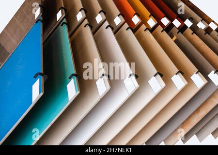 Samples of Colored Tiles Flat Polished Porcelain Stoneware for Home Interior Design Material. Stock Photo