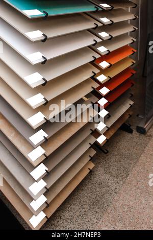 Samples of Colored Tiles Flat Polished Porcelain Stoneware for Home Interior Design Material. Stock Photo