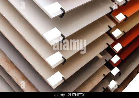 Samples of Colored Tiles Flat Polished Porcelain Stoneware for Home Interior Design Material. Stock Photo