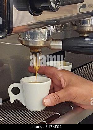 Male hand making espresso in a machine. In a Brazilian bakery. Stock Photo