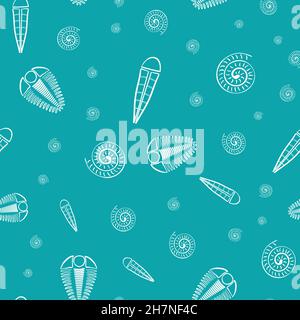 Ammonite trilobite haplophrentis vector seamless pattern background. Hand drawn shell cephalopod, arthropod, hyolithis ribbed fossils Extinct marine Stock Vector