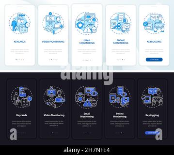 Employee monitoring types dark, light onboarding mobile app page screen Stock Vector