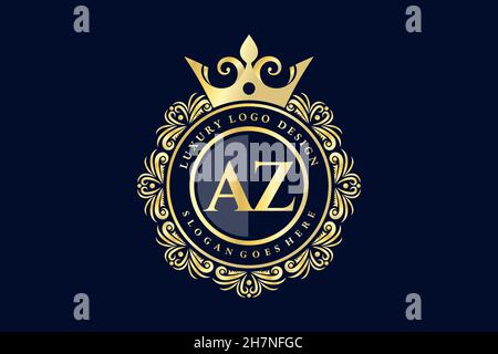 AZ Initial Letter Gold calligraphic feminine floral hand drawn heraldic monogram antique vintage style luxury logo design Premium Stock Vector