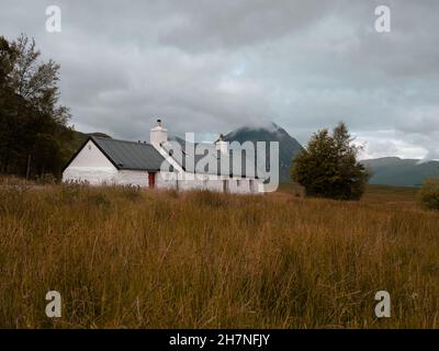 A lone typical white croft in the remote Highland autumnlandscape of Glencoe west Highlands Scotland UK - Scotland croft architecture landscape Stock Photo