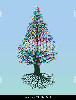 A vector illustration of a tree of life or yggdrasil with abstract round rainbow flowers. The tree has a pointed shape. Stock Vector