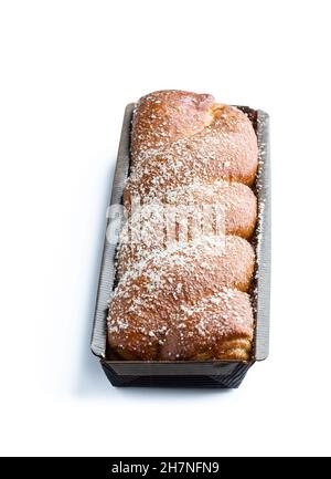 Homemade  organic orange jam roll cake isolated on white Stock Photo