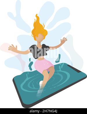 the young girl is immersed in her phone. No normal life, addiction to a cell phone. Modern vector illustration in flat style. Stock Vector