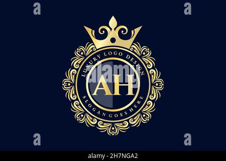 AH Initial Letter Gold calligraphic feminine floral hand drawn heraldic monogram antique vintage style luxury logo design Premium Stock Vector