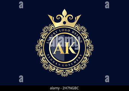 AK Initial Letter Gold calligraphic feminine floral hand drawn heraldic monogram antique vintage style luxury logo design Premium Stock Vector