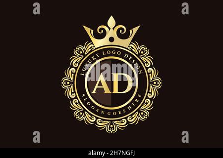 AD Initial Letter Gold calligraphic feminine floral hand drawn heraldic monogram antique vintage style luxury logo design Premium Stock Vector