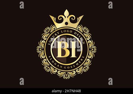 BI Initial Letter Gold calligraphic feminine floral hand drawn heraldic monogram antique vintage style luxury logo design Premium Stock Vector