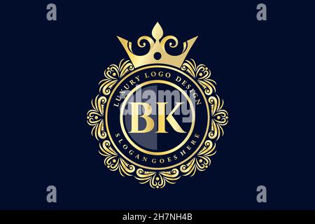 BK Initial Letter Gold calligraphic feminine floral hand drawn heraldic monogram antique vintage style luxury logo design Premium Stock Vector