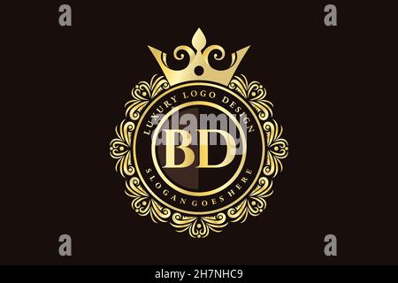 BD Initial Letter Gold calligraphic feminine floral hand drawn heraldic monogram antique vintage style luxury logo design Premium Stock Vector