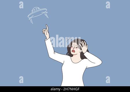 UFO and feeling shocked concept. Young amazed woman standing looking at sky and pointing at ufo ship flying on space feeling surprised and shock vector illustration  Stock Vector