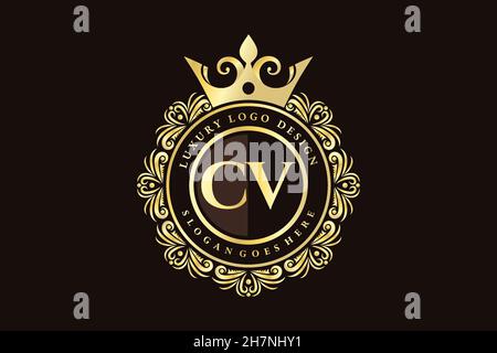 CV Initial Letter Gold calligraphic feminine floral hand drawn heraldic monogram antique vintage style luxury logo design Premium Stock Vector