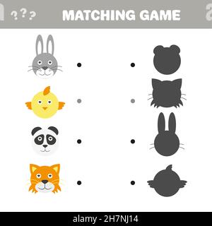 Shadow matching game with animals. Vector Illustration of make the right choice and connect shadow matching. Hare, chicken, panda cat Stock Vector