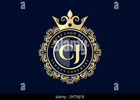 CJ Initial Letter Gold calligraphic feminine floral hand drawn heraldic monogram antique vintage style luxury logo design Premium Stock Vector