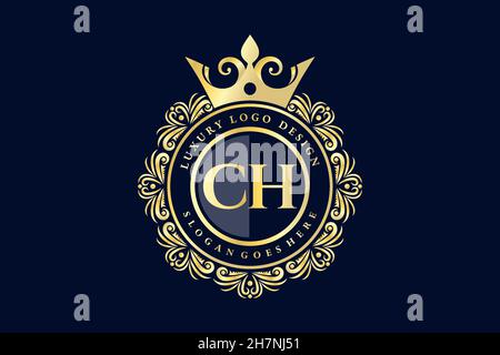 CH Initial Letter Gold calligraphic feminine floral hand drawn heraldic monogram antique vintage style luxury logo design Premium Stock Vector