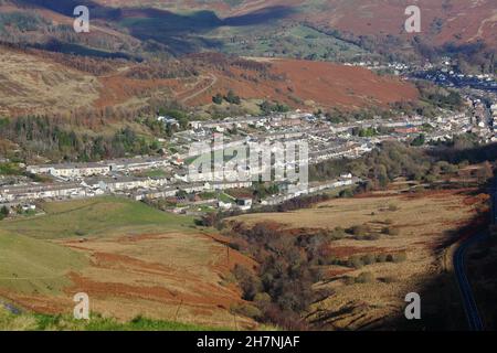 Looking across the Village of Cym Parc towards the valley where Treorchy is situated in the distance. Stock Photo