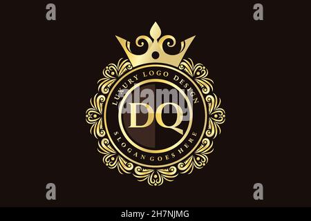 DQ Initial Letter Gold calligraphic feminine floral hand drawn heraldic monogram antique vintage style luxury logo design Premium Stock Vector
