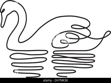 Swan on water vector one line drawing art, black and white hand drawn modern minimalistic contour icon, abstract single line art, symbol, logo Stock Vector