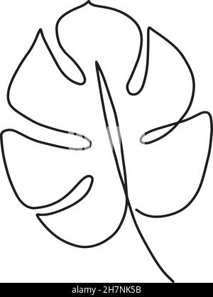 Monstera leaf vector one line art. Black and white hand drawn modern minimalistic icon. Minimal decorative element portrait. Abstract contour drawing, Stock Vector