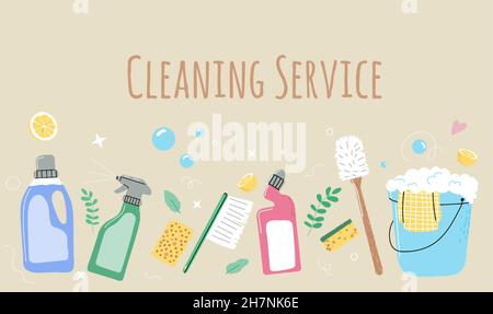 Set of eco household cleaning supplies, detergent bottles and washing tools, sponge,bucket with bubbles,broom,spray liquid.Cleaning in office, house.V Stock Vector