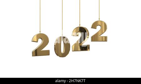 happy 2022 new year glossy golden numbers hanging on strings isolated on white 3D illustration Stock Photo