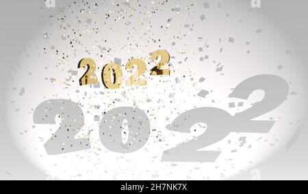 happy new year 2022 golden numbers floating free in a spotlight with light grey drop shadow surrounded by golden confetti and tinsel on white Stock Photo