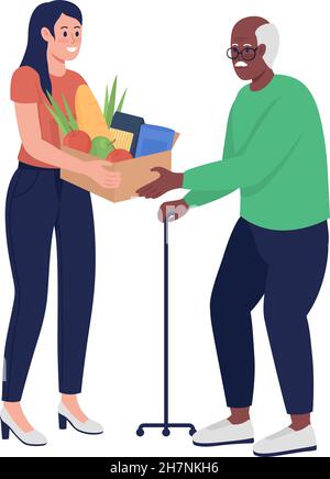 Woman give food to elderly semi flat color vector character Stock Vector