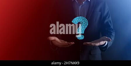 Question mark. 3d abstract on dark background with dots and stars. Ask symbol. Help support, faq problem symbol, think education concept, confusion se Stock Photo