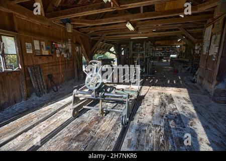 View Into A Sawmill In The Foreground Tension Car In The Sunlight. Background In The Shade With Various Machines. Gündisau Zurich Oberland Switzerland Stock Photo