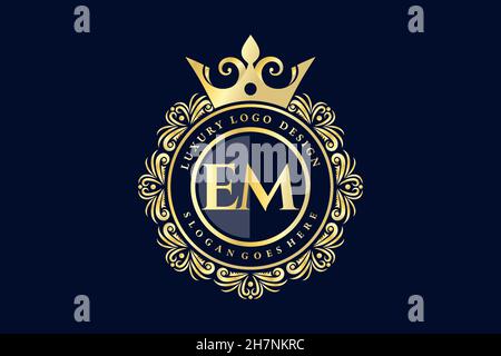 EM Initial Letter Gold calligraphic feminine floral hand drawn heraldic monogram antique vintage style luxury logo design Premium Stock Vector