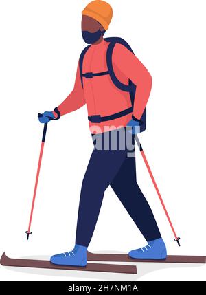 Man in red coat skiing semi flat color vector character Stock Vector