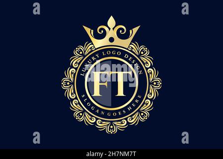 FT Initial Letter Gold calligraphic feminine floral hand drawn heraldic monogram antique vintage style luxury logo design Premium Stock Vector