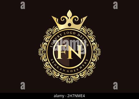 FN Initial Letter Gold calligraphic feminine floral hand drawn heraldic monogram antique vintage style luxury logo design Premium Stock Vector